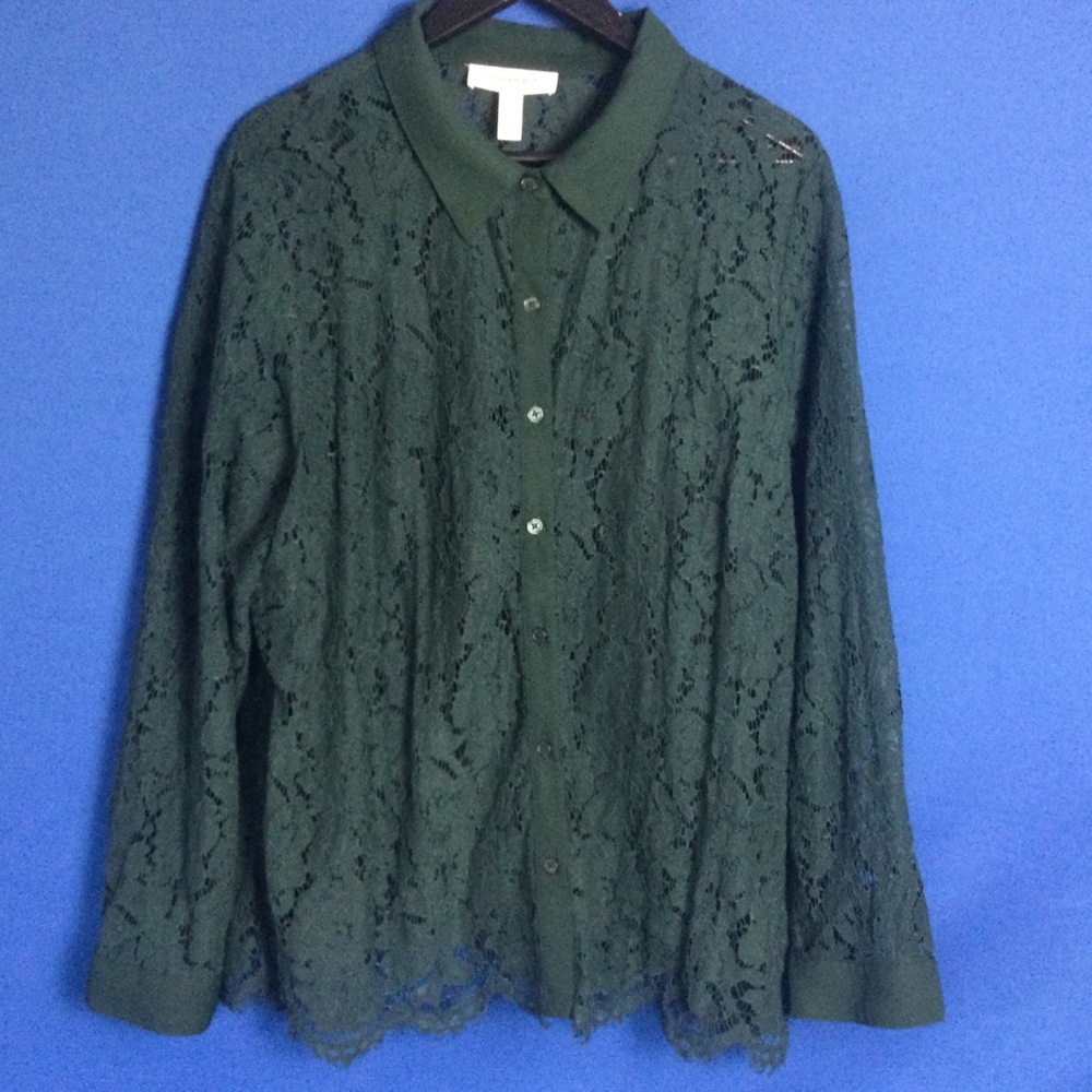 Addition Elle 2X Green Lace Blouse Button Up